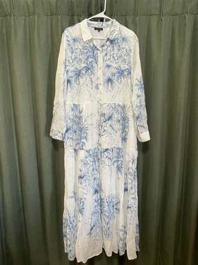 1.STATE XL Maxi Dress Blue White Tropical Toile Tiered Button Front Summer